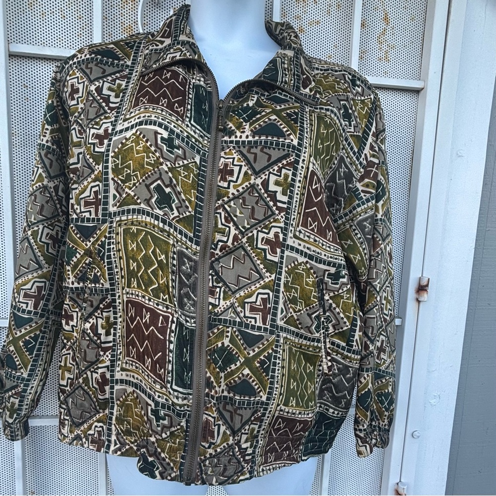 EVR 100% silk M bomber lined zipper jacket pockets geometric design vintage